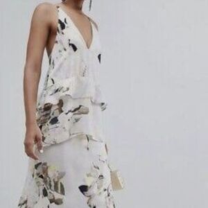 ASOS Soft Gray Floral Backless Dress w/ Layered Ruffles Size 14